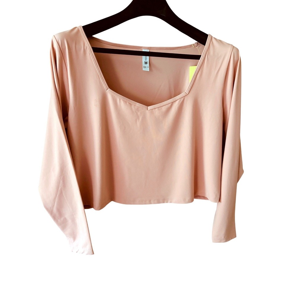 Women Long Sleeve Square Neck Crop Top T-Shirt Coral color Plus Size 2X